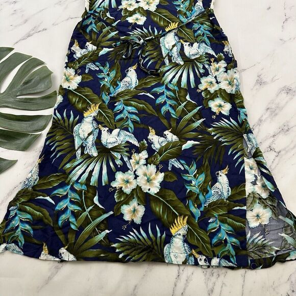 Paradise Bay Womens Vintage Tropical Dress Size M Petite Blue White Birds Floral - Picture 9 of 9